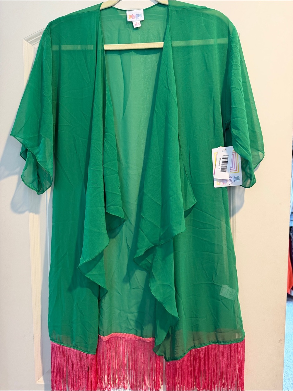 LuLaRoe Green Chiffon Kimono with Pink Fringe